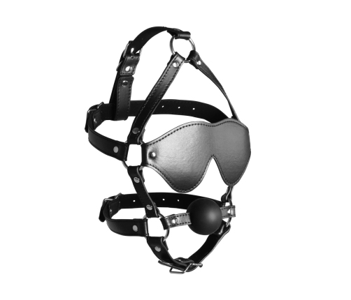 Blindfolded Head Harness with Solid Ball Gag - Black