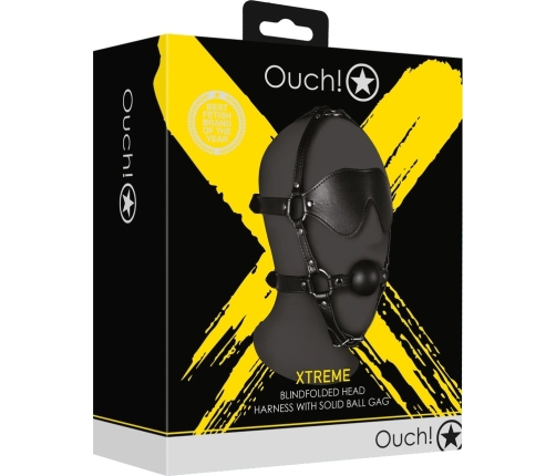 Blindfolded Head Harness with Solid Ball Gag - Black