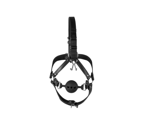 Head Harness with Breathable Ball Gag and Nose Hooks - Black