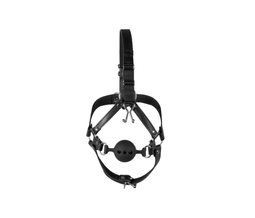 Head Harness with Breathable Ball Gag and Nose Hooks - Black
