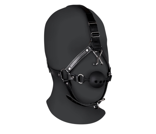 Head Harness with Breathable Ball Gag and Nose Hooks - Black