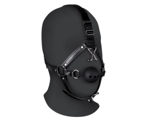 Head Harness with Breathable Ball Gag and Nose Hooks - Black
