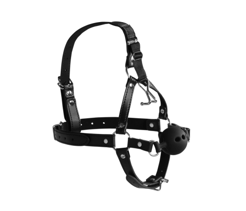 Head Harness with Breathable Ball Gag and Nose Hooks - Black