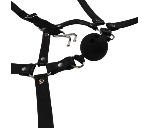 Head Harness with Breathable Ball Gag and Nose Hooks - Black