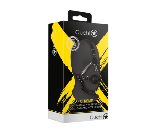 Head Harness with Breathable Ball Gag and Nose Hooks - Black