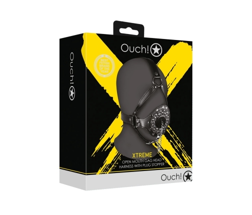 Open Mouth Gag Head Harness with Plug Stopper - Black
