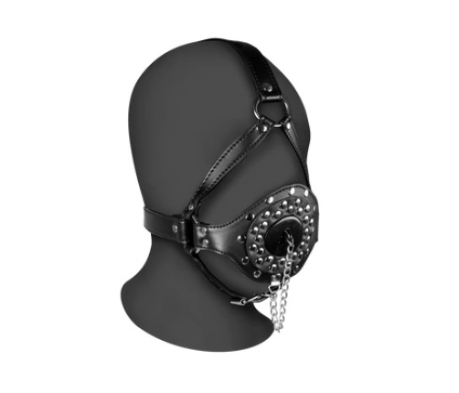 Open Mouth Gag Head Harness with Plug Stopper - Black