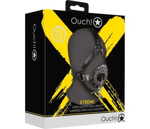 Open Mouth Gag Head Harness with Plug Stopper - Black