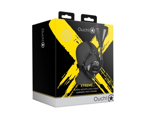 Open Mouth Gag Head Harness with Funnel - Black