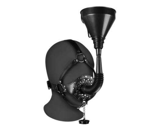 Open Mouth Gag Head Harness with Funnel - Black