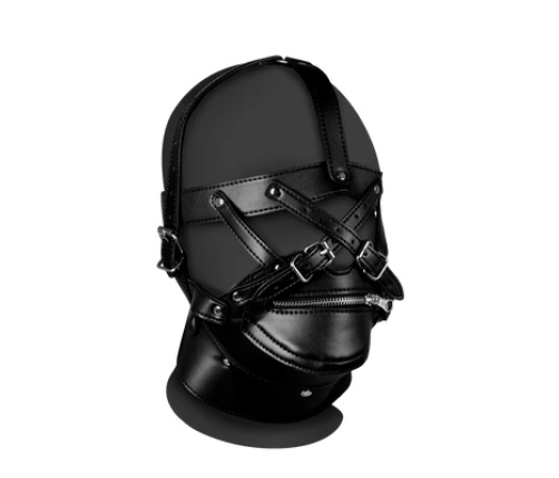 Head Harness with Zip-up Mouth and Lock - Black