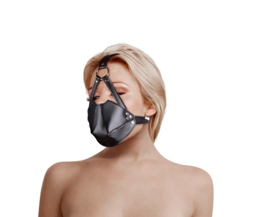 Head Harness with Mouth Cover and Solid Ball Gag - Black