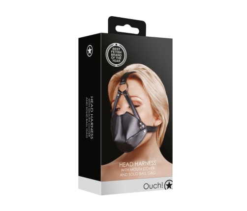 Head Harness with Mouth Cover and Solid Ball Gag - Black