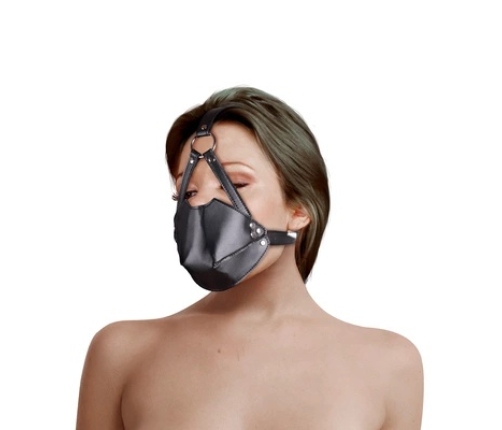 Head Harness with Mouth Cover and Breathable Ball Gag - Black