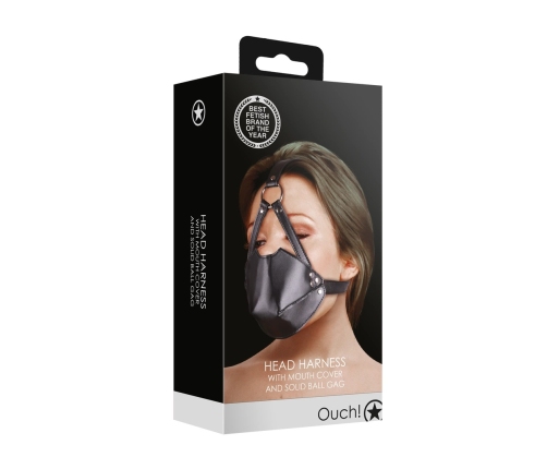 Head Harness with Mouth Cover and Breathable Ball Gag - Black
