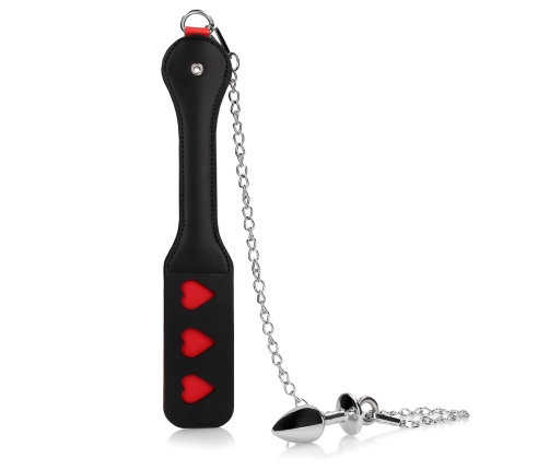 Hearts Paddle with Metal Anal Plug - Black