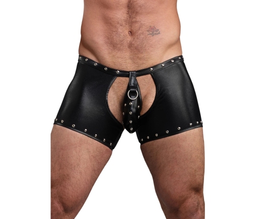 Male Power Poseidon L/XL Black Open Crotch & Back Shorts with Thong