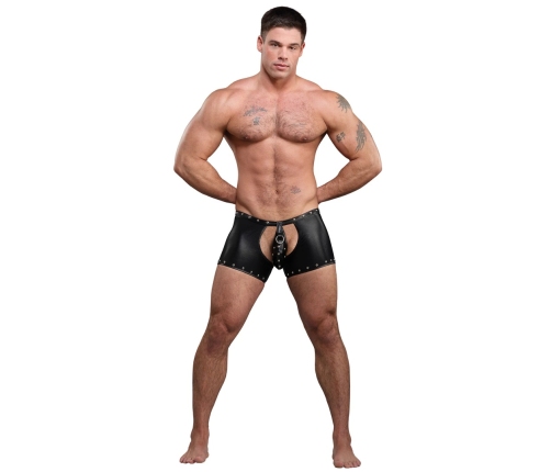 Male Power Poseidon L/XL Black Open Crotch & Back Shorts with Thong