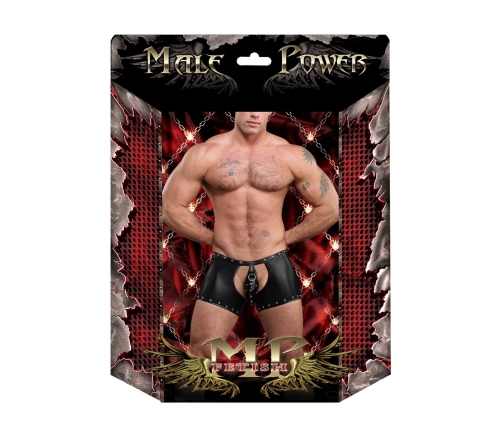 Male Power Poseidon L/XL Black Open Crotch & Back Shorts with Thong