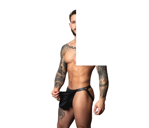 Male Power Jock Skirt L/XL Black - Faux Leather, Pleated, Studded Design