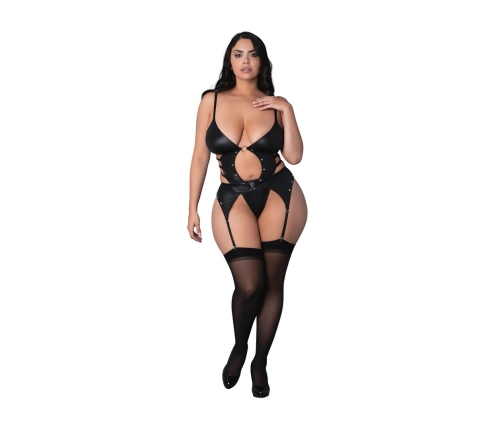 Kira - Open Front Basque with Garters and Thong - 2X - Black
