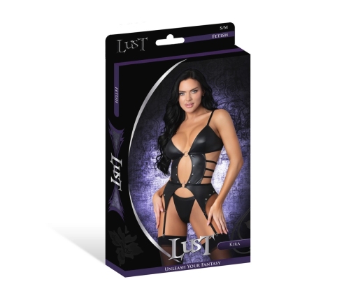 Kira - Open Front Basque with Garters and Thong - S/M - Black