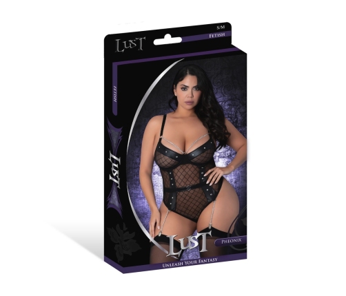 Phoenix - Diamond Mesh Teddy and Garters with Chains Rings and Studs - 2X - Black