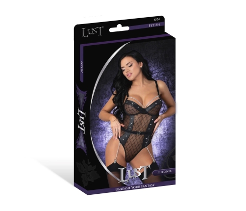 Phoenix - Diamond Mesh Teddy and Garters with Chains Rings and Studs - L/X - Black