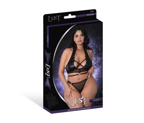 Nadia - Diamond Mesh Halter Top and Ring Thong with Rings Clasps and Studs - 2X - Black