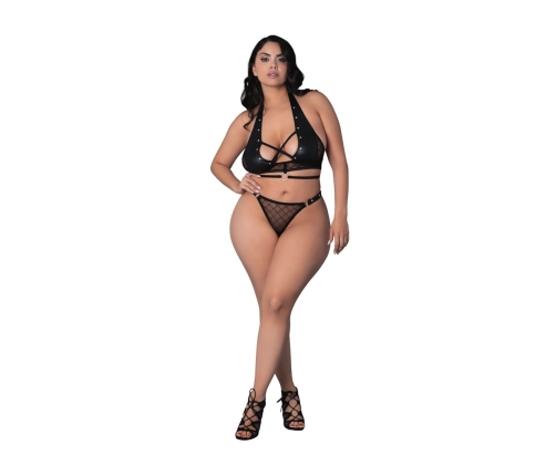 Nadia - Diamond Mesh Halter Top and Ring Thong with Rings Clasps and Studs - 2X - Black