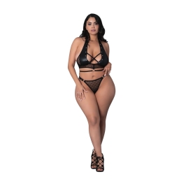 Magic Silk Nadia Diamond Mesh Halter Top & Ring Thong 2X Black