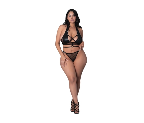 Nadia - Diamond Mesh Halter Top and Ring Thong with Rings Clasps and Studs - 2X - Black