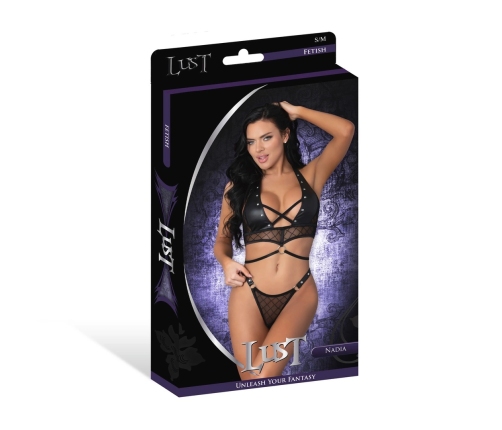 Nadia - Diamond Mesh Halter Top and Ring Thong with Rings Clasps and Studs - L/X - Black
