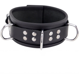 Red Leather Collar Model 3D Black, Triple Metal Rings, Adjustable