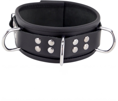 Red Leather Collar Model 3D Black, Triple Metal Rings, Adjustable