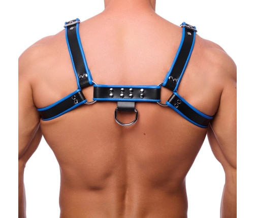 Red Leather Harness S/M Adjustable Black/Blue Cowhide Accents